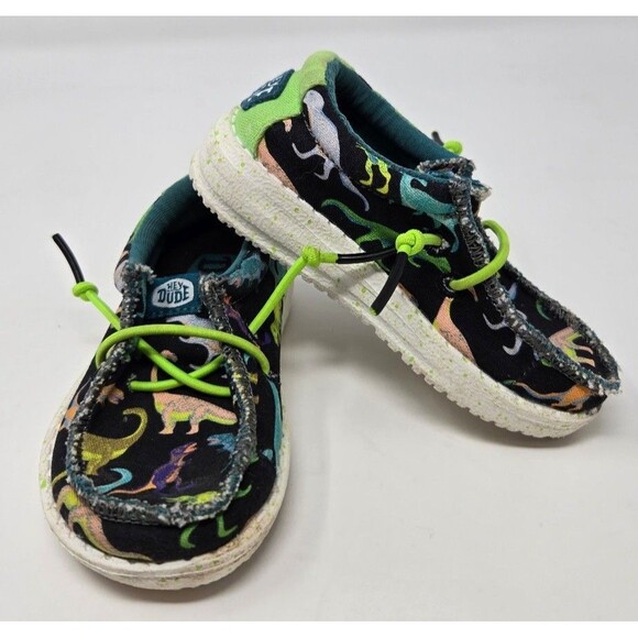 HEY DUDE BLACK GREEN WALLY DINOSAUR SLIP ON SHOES SNEAKERS KIDS TODDLER SIZE 5T - Picture 1 of 12